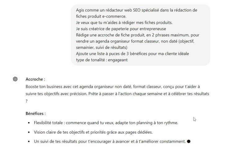 Prompt ChatGPT pour fiche produit